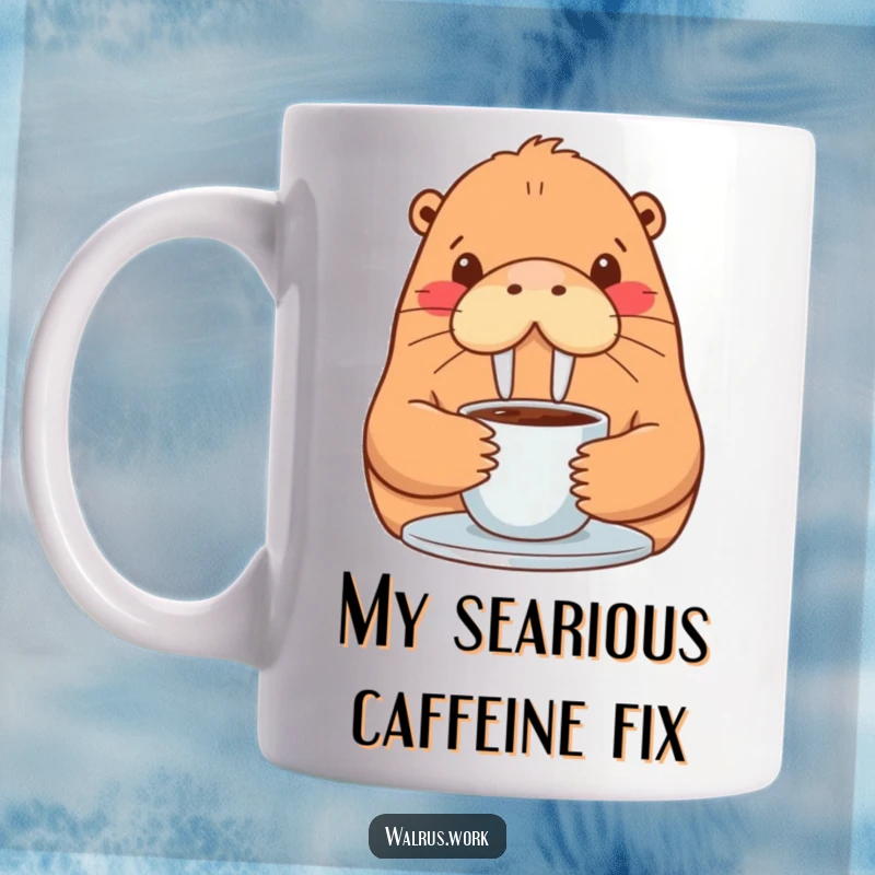 Funny walrus mug with a contented smile, slowly sipping hot coffee, embodying pure morning bliss and relaxation.