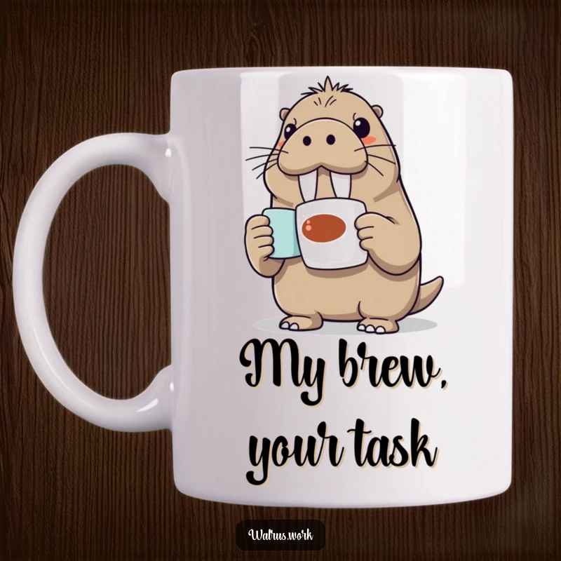 Funny Walrus Mug: An excited walrus proudly holds up a coffee mug, ready to share a laugh and a hot drink.
