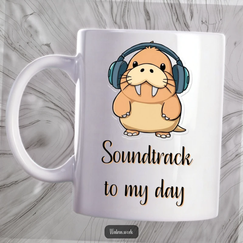 Funny walrus character hilariously struggling to wear oversized headphones, wearing a comical, overwhelmed expression.