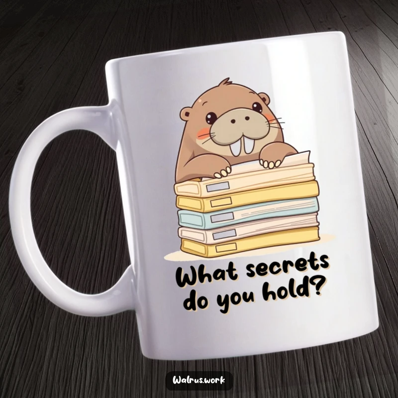 Funny walrus peeking curiously over a tall stack of oversized office folders.