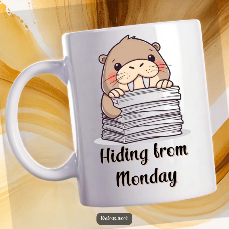 Funny mug featuring a walrus comically peeking from behind a large stack of office papers. Great gift for office workers.