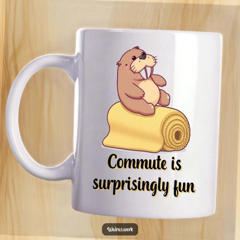 Funny walrus sliding gleefully down a bannister made from a rolled-up office carpet.