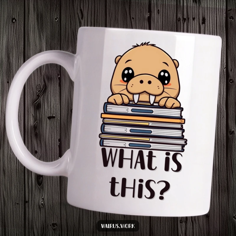 Funny walrus mug showing a curious sea mammal with wide eyes peeking over a tall stack of office files, expressing playful intrigue.