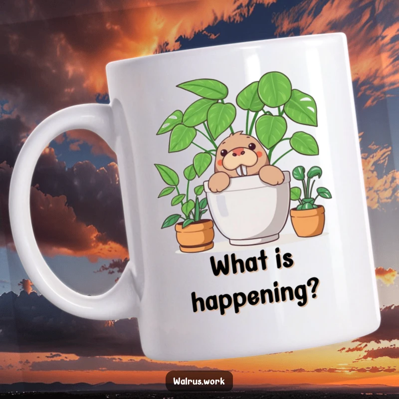 Funny mug with a curious walrus peeking its head out from behind a large, lush office plant, looking mischievous and playful.