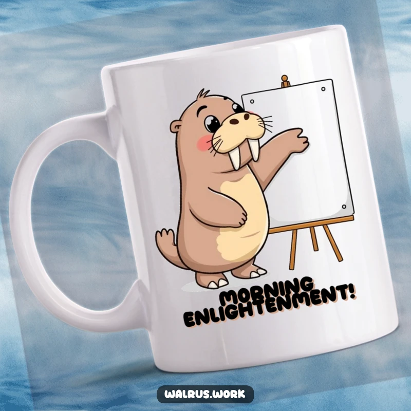Funny mug showing an excited walrus enthusiastically pointing at a whiteboard, symbolizing innovation, ideas, and energetic presentation.