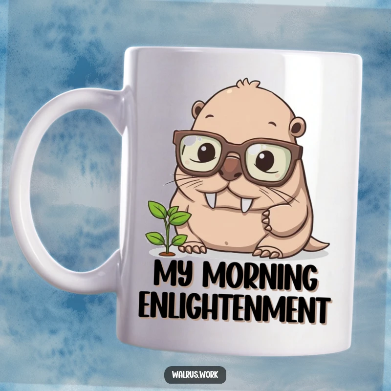 Funny walrus mug with huge glasses, studying a small plant with intense focus, a charmingly nerdy and intelligent creature.
