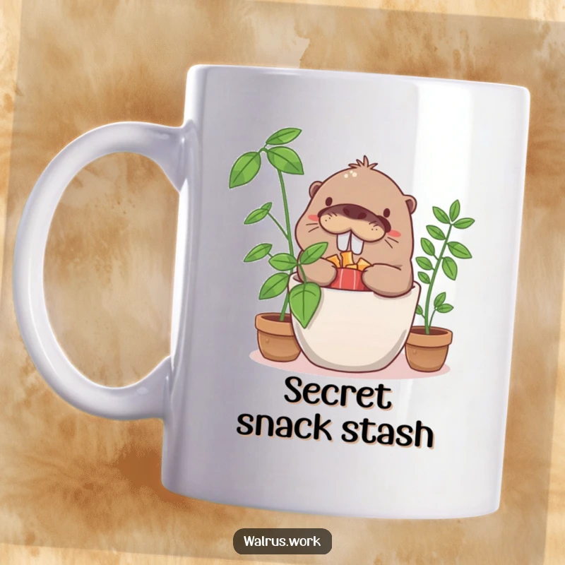 Funny giggling walrus character humorously hiding snacks in a potted plant, looking mischievous and delighted.
