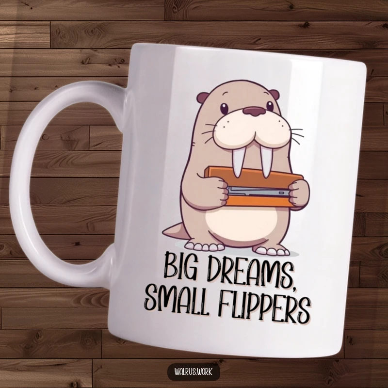 Funny walrus mug showing a walrus character comically attempting to use a stapler far too large for its flippers.