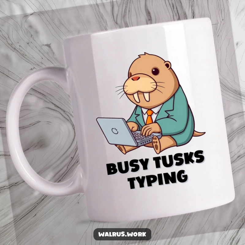 Funny mug of a walrus in a tiny suit typing enthusiastically on a laptop, embodying office hustle and humor.