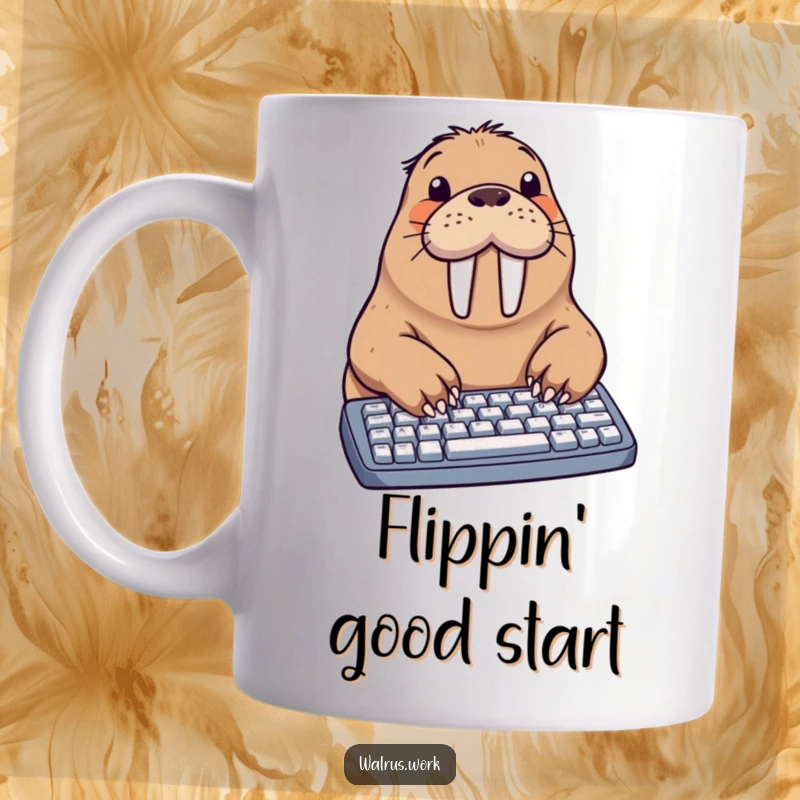 Funny walrus mug showing a determined walrus struggling to type on a keyboard with its flippers, a comical office scene.