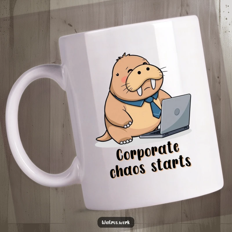 Funny mug showing a flustered walrus in a tiny business tie, tripping over a laptop, symbolizing workplace mishaps and stress.
