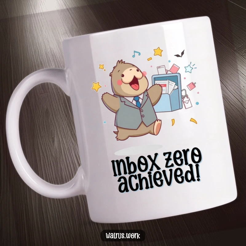 Funny mug with a walrus in a tiny suit joyfully jumping near an overflowing inbox, celebrating task completion.