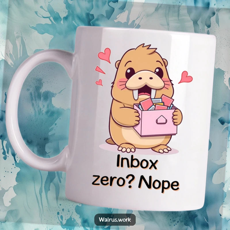 Funny mug of a walrus with a surprised grin holding an overflowing inbox, symbolizing work overload.