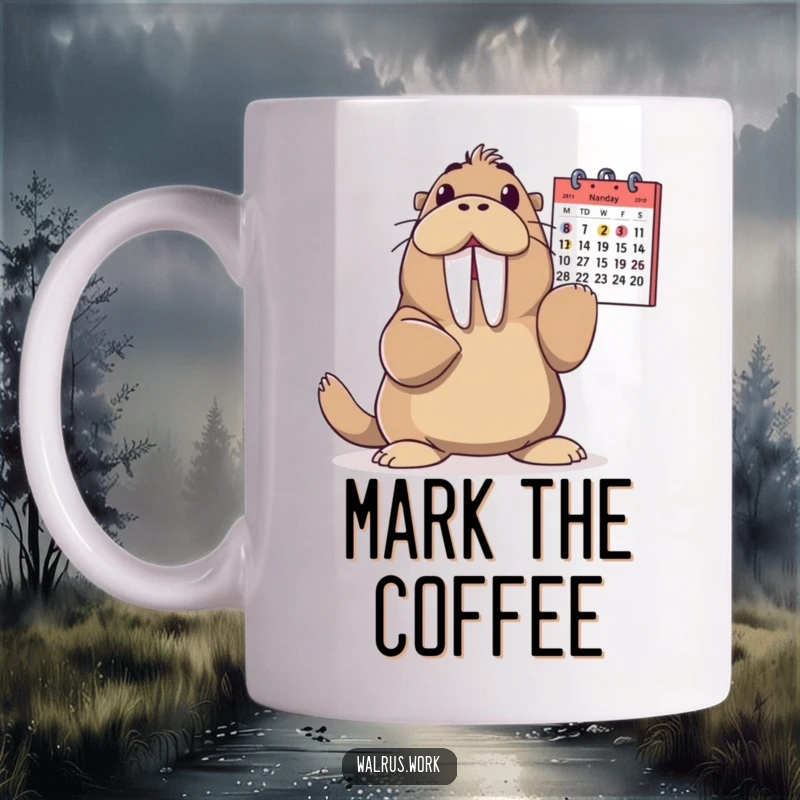 Funny Walrus Mug: A walrus gleefully points at a calendar, celebrating an upcoming date on this humorous mug.