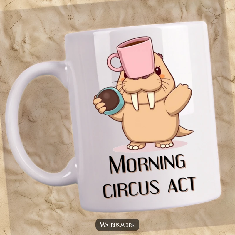 Funny walrus character hilariously attempting to balance a coffee mug on its nose, looking focused and unstable.