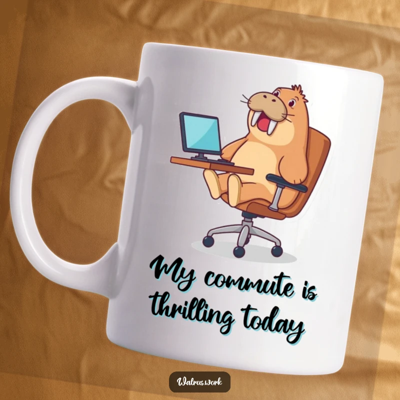 Funny mug showing a walrus gleefully riding an office chair, a hilarious and relatable desk accessory.