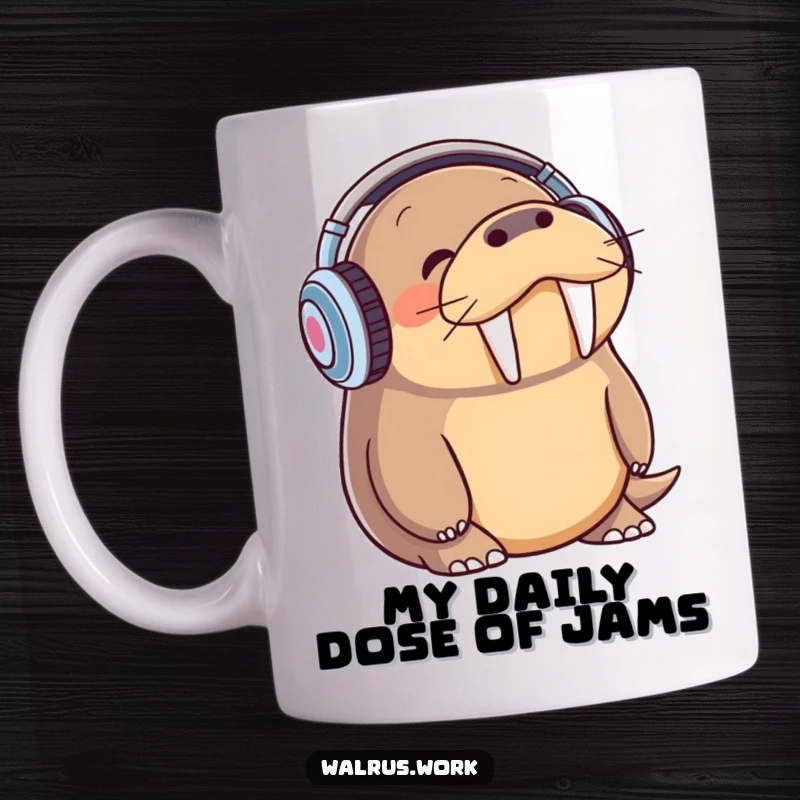 Funny walrus wearing headphones, bopping its head enthusiastically to music, perfect for a coffee mug.