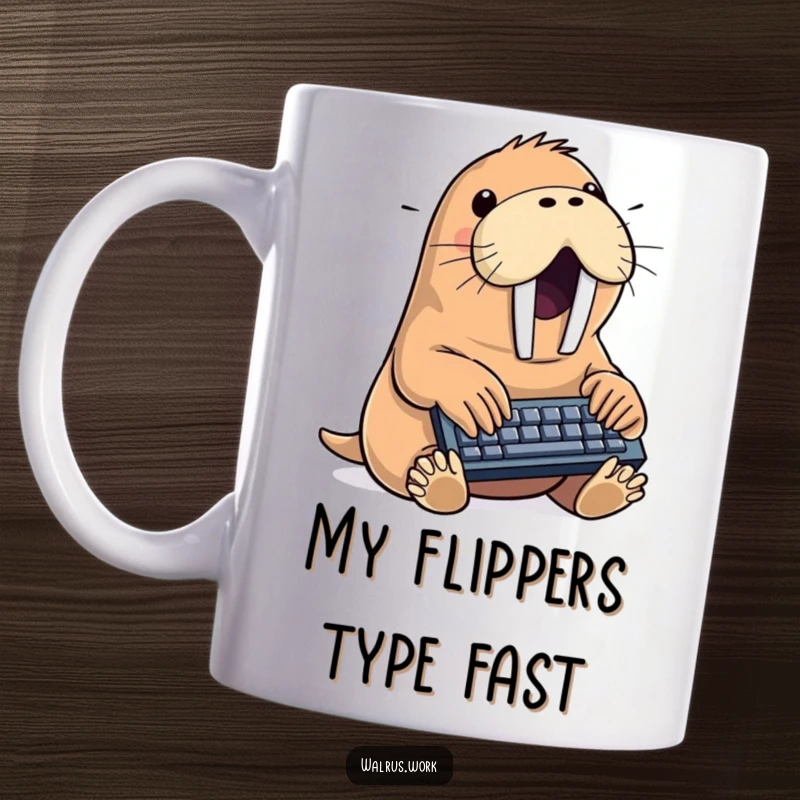 Funny walrus mug showing a determined sea creature furiously typing on a tiny keyboard with its flippers, expressing intense focus and humor.