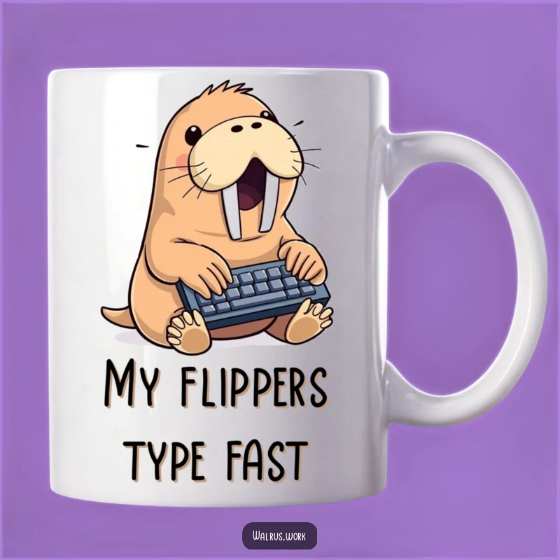 Funny Walrus Typing Gift Mug: Excited Sea Mammal Working Hard, Perfect for Office Humor!