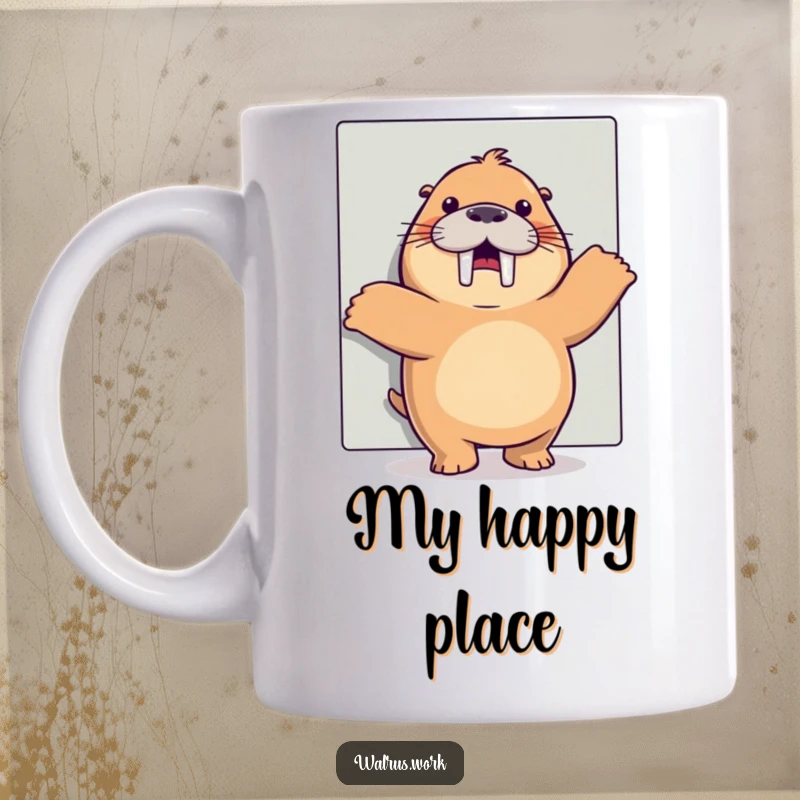 Funny happy dance walrus mug showing a joyful sea mammal grooving secretly behind office cubicle walls, a funny gift.