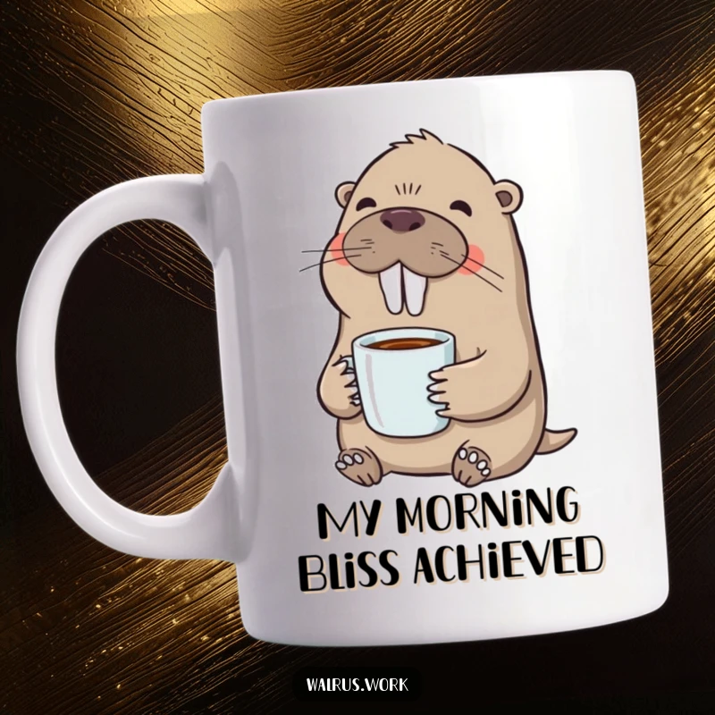 Funny coffee mug featuring a smiling walrus deeply enjoying a hot cup of coffee, radiating pure morning contentment and relaxation.