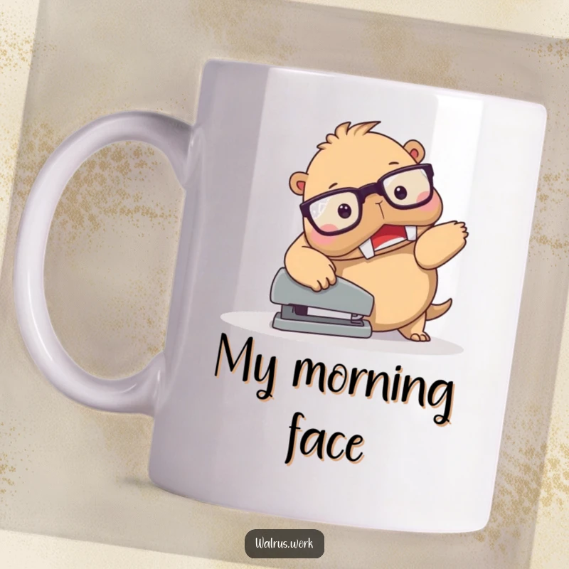 Funny Walrus Stapler Trip Mug: Spectacled walrus character in a comical tumble over a stapler, highlighting office mishap humor.