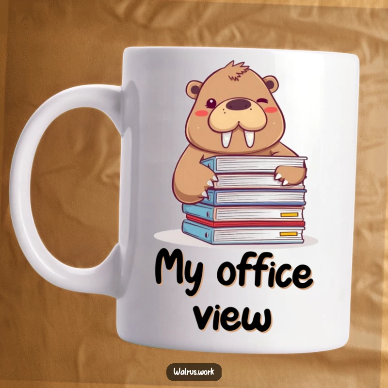 Funny mug of a walrus peeking playfully from behind a messy stack of office files and giving a cheeky wink.