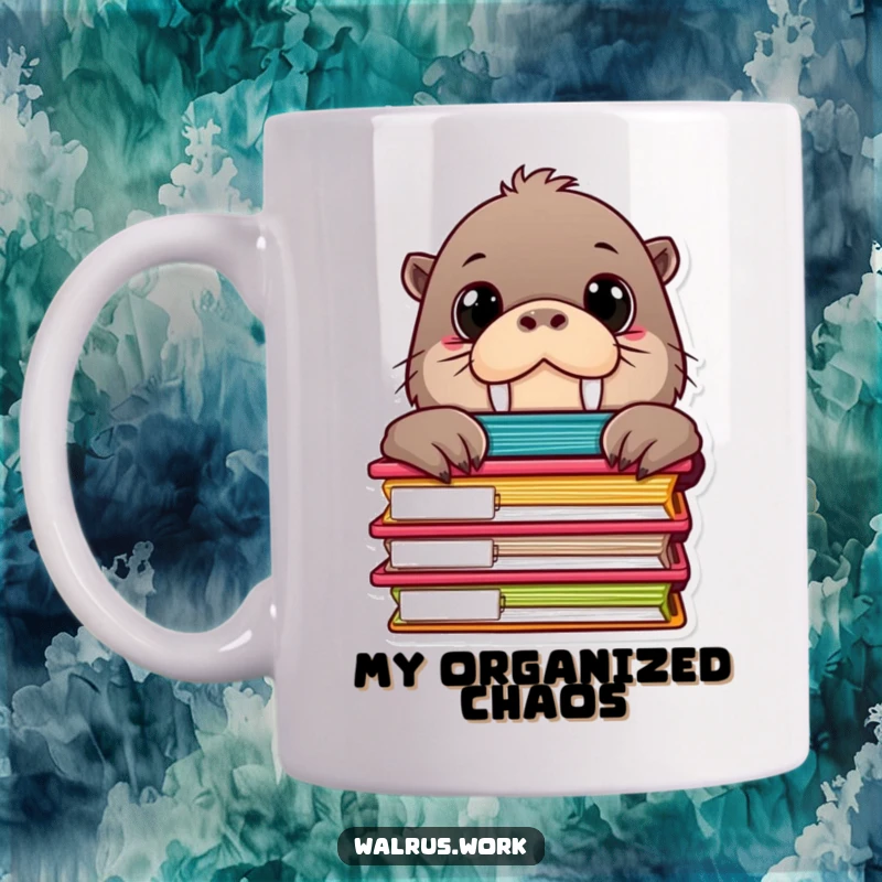 Funny mug with a curious walrus character holding big eyes, peeking from behind a tall stack of colorful office file folders.