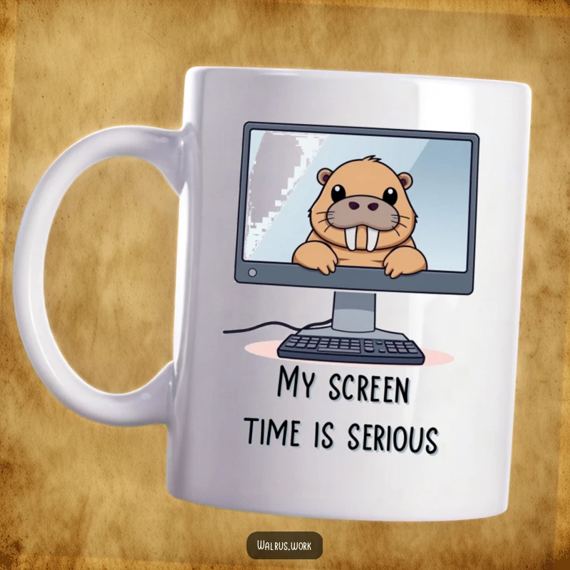 Funny mug with a walrus peeking curiously from behind a large computer monitor, suggesting a humorous interaction with technology.