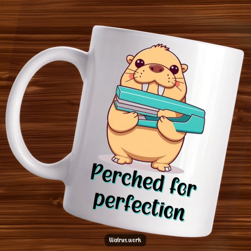 Funny walrus mug depicting a proud walrus skillfully balancing a stapler on its nose, showcasing a humorous accomplishment.