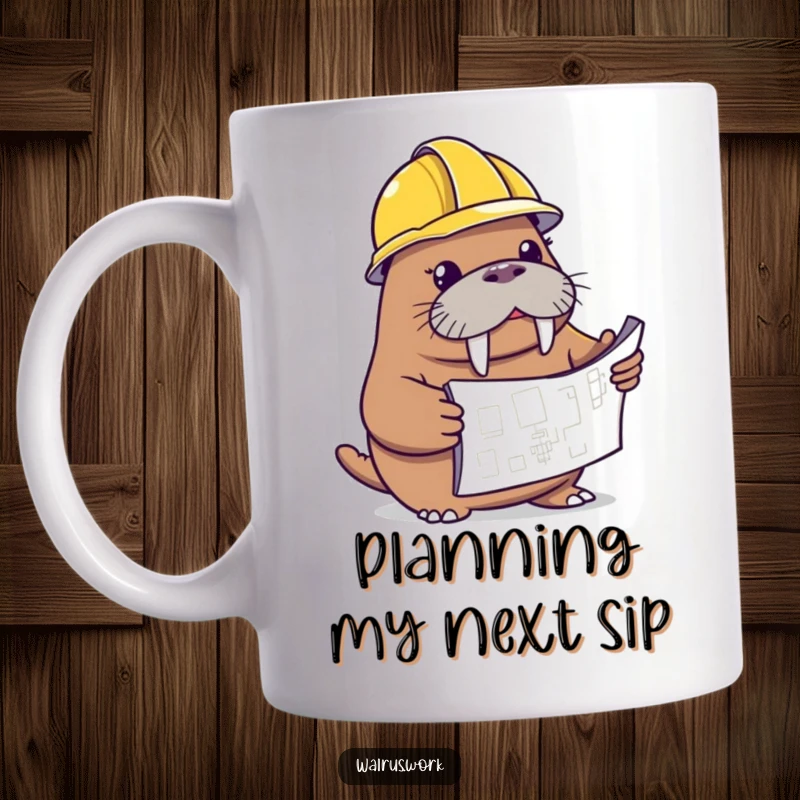 Funny walrus mug: a walrus in a hard hat curiously studying a blueprint, suggesting planning and humor.
