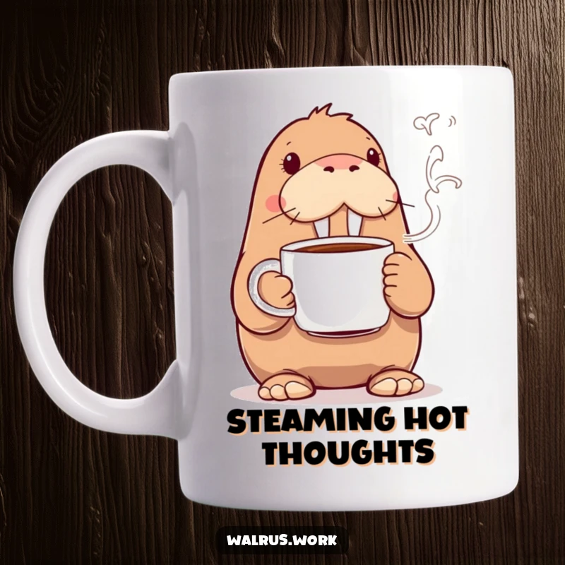 Funny walrus mug showcasing a happy walrus holding a coffee cup with comical steam swirls, symbolizing morning enjoyment.