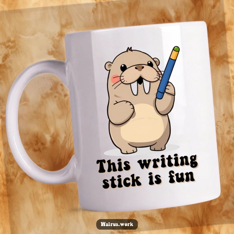 Funny mug showing a walrus playfully batting at a dangling pen, a humorous desk accessory.