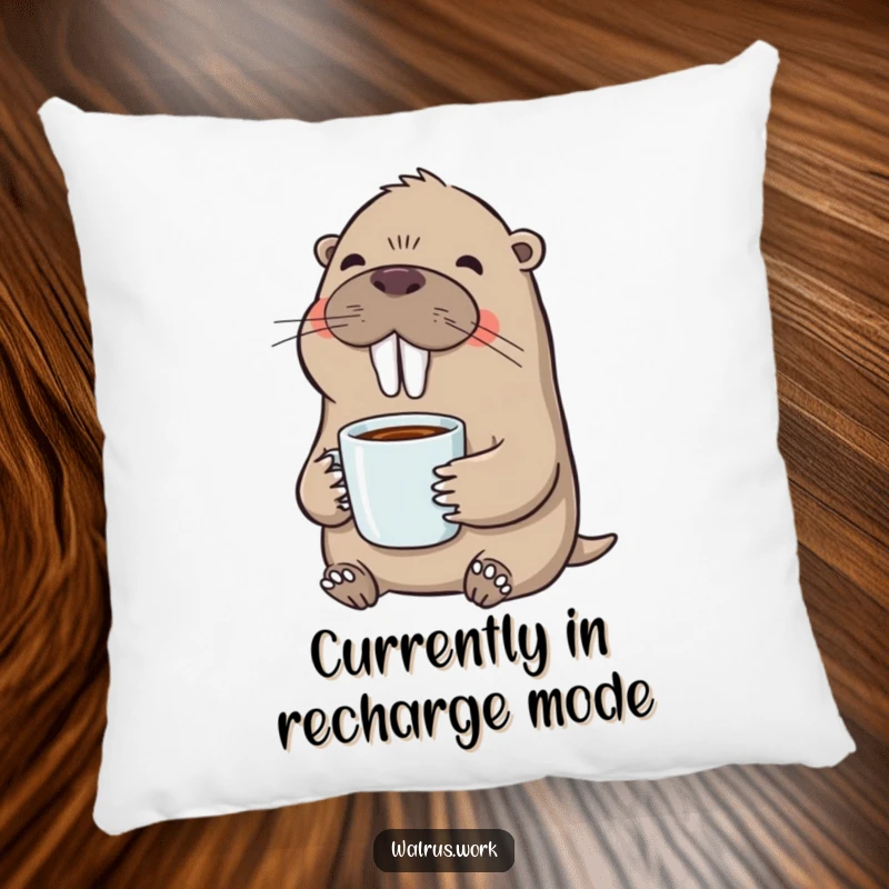 Funny pillow featuring a walrus in a state of bliss while sipping coffee, perfect for adding comfort and humor.