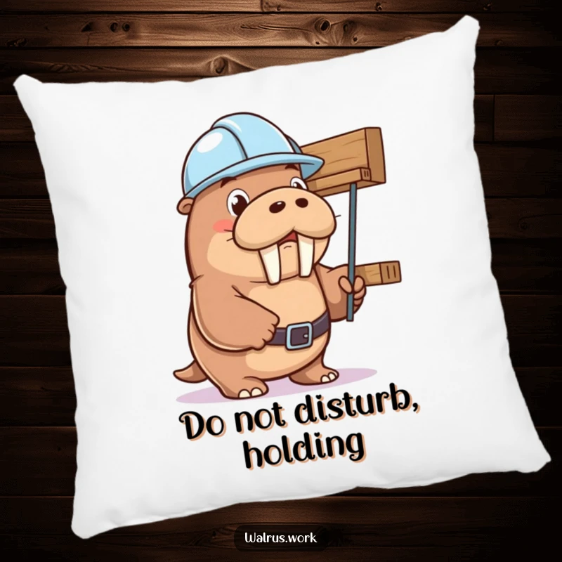 Funny walrus character in a hard hat humorously holding up a wobbly shelf, perfect for cozy, funny decor. Funny gift pillow.
