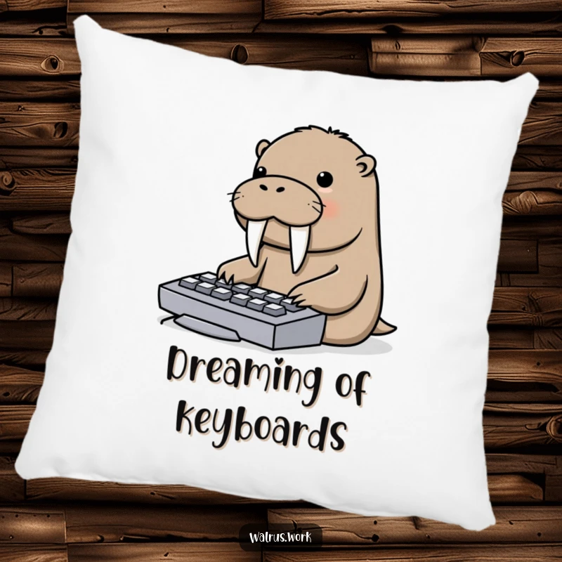 Funny pillow featuring a walrus playfully typing on a keyboard using its tusks, offering comfort and amusement.