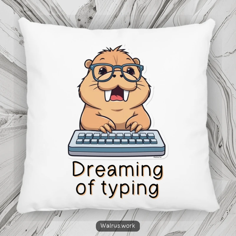 Funny pillow featuring a walrus wearing glasses, typing excitedly on a keyboard, offering cozy comfort and a humorous digital accent.