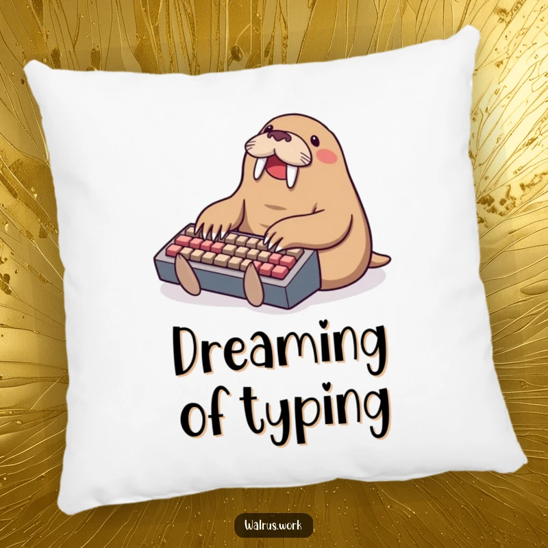 Funny typing walrus pillow, a walrus happily typing on a tiny keyboard, perfect for adding comfort and humor to a desk.