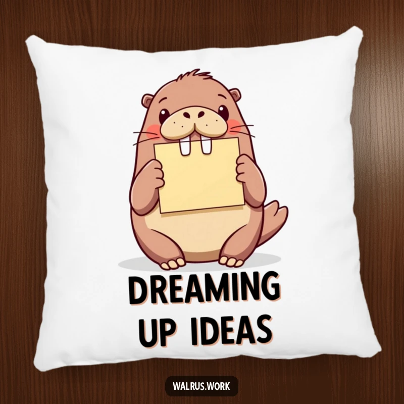 Funny walrus idea pillow, a walrus presenting a sticky note, adding comfort and inspiration to any room.