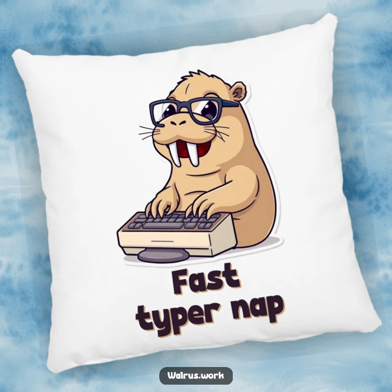 Funny typing walrus pillow showing a walrus wearing glasses, typing on a keyboard, providing comfort and office humor.