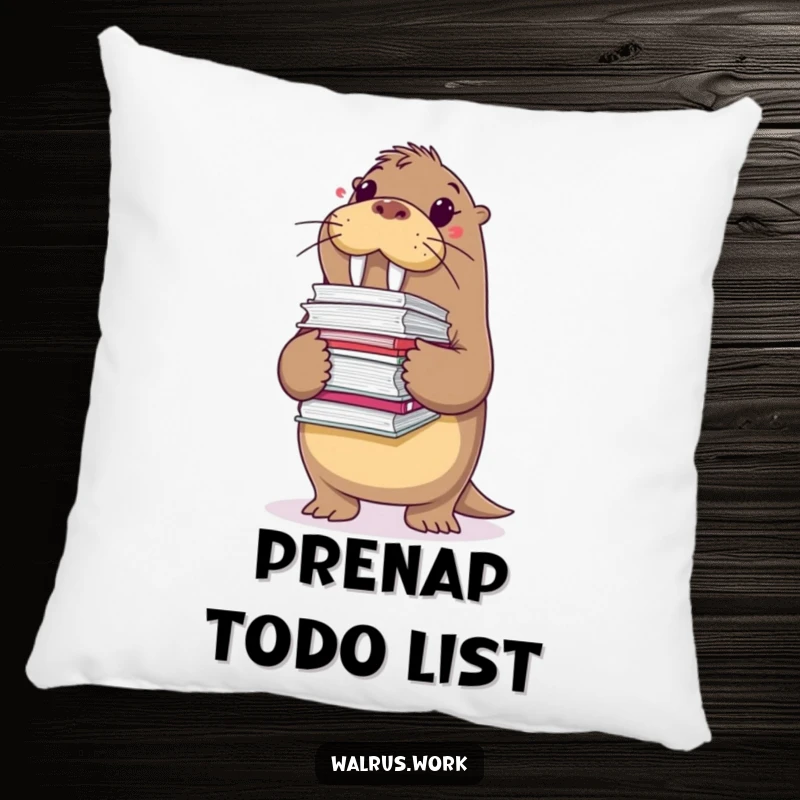 Funny pillow featuring a walrus burdened by a large stack of files, designed for comfort and to bring humor to stressful situations.