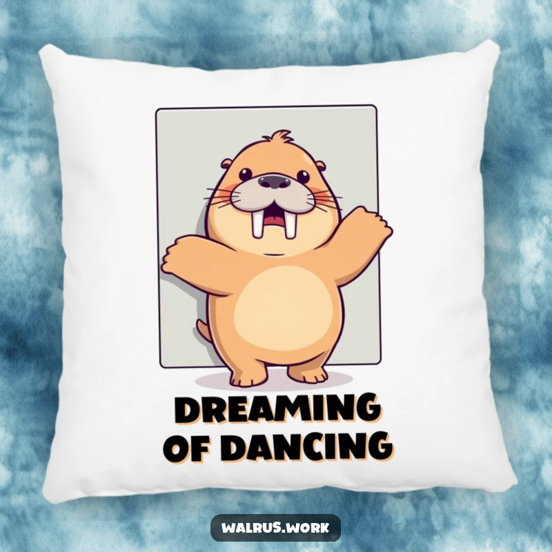 Funny happy dance walrus pillow showing a joyful walrus dancing behind an office cubicle, a soft funny gift.