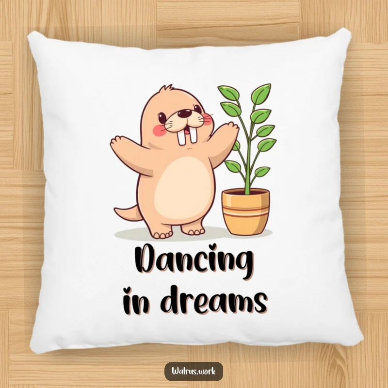 Funny pillow with a cute Kawaii walrus doing a happy dance next to a potted plant, offering comfort and joyful vibes.