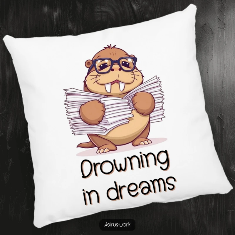 Funny decorative pillow featuring a walrus with reading glasses comically struggling with a huge stack of papers.