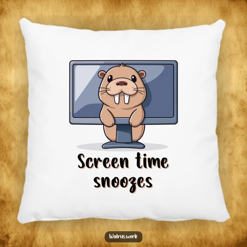 Funny tech walrus pillow showing a walrus peeking from behind a monitor, offering comfort and a touch of online intrigue.