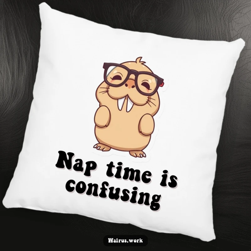 Funny upside down glasses walrus pillow showing a bewildered walrus in spectacles, a soft funny gift.