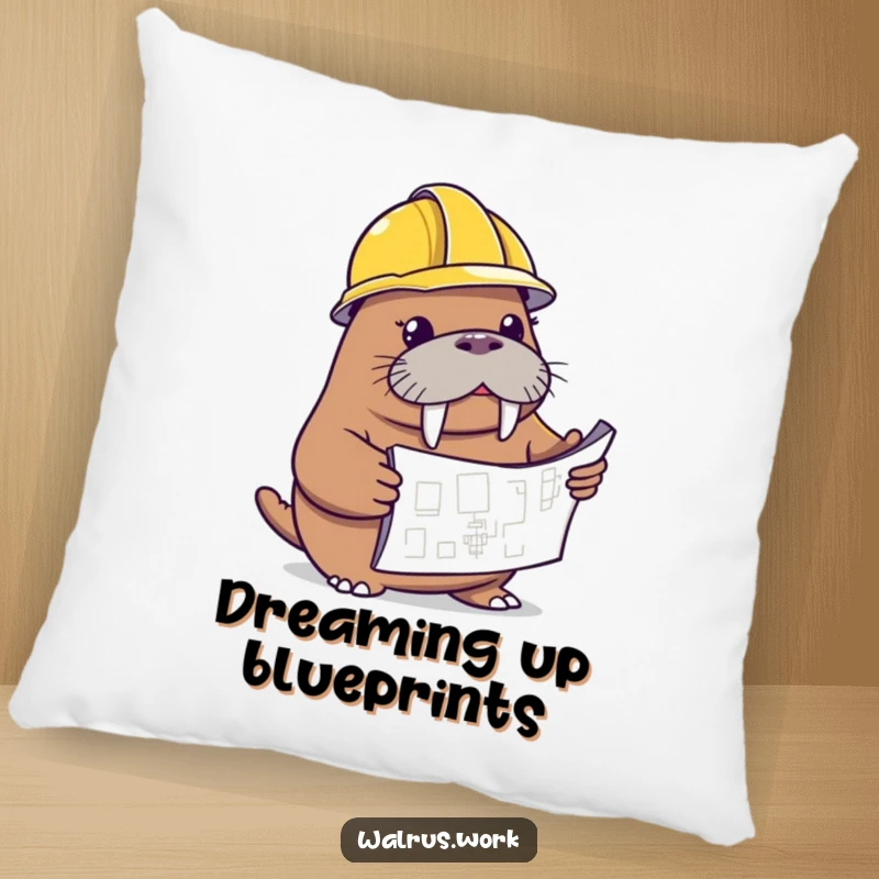 Funny walrus pillow with a walrus in a hard hat looking at a blueprint, cozy and humorous.