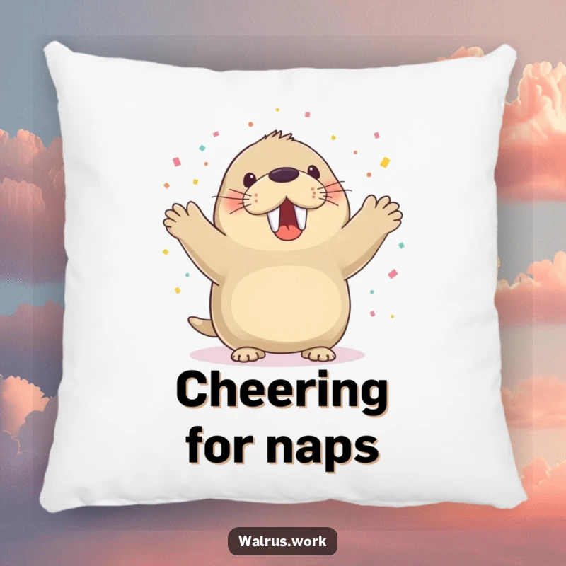 Funny walrus pillow with a walrus cheering and confetti falling, great for cozy celebrations.
