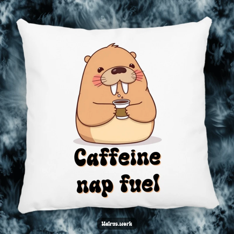 Funny pillow featuring a kind walrus offering a tiny coffee cup with a friendly nod, perfect for adding comfort and office cheer.