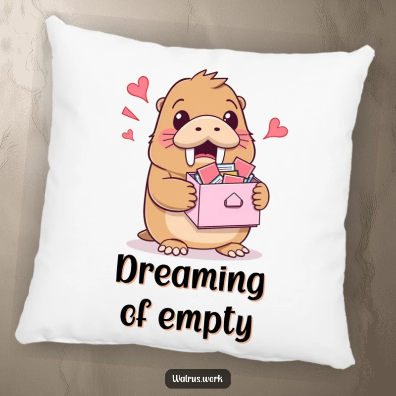 Funny pillow showing a walrus with a surprised grin holding an overflowing inbox, perfect for lounging.